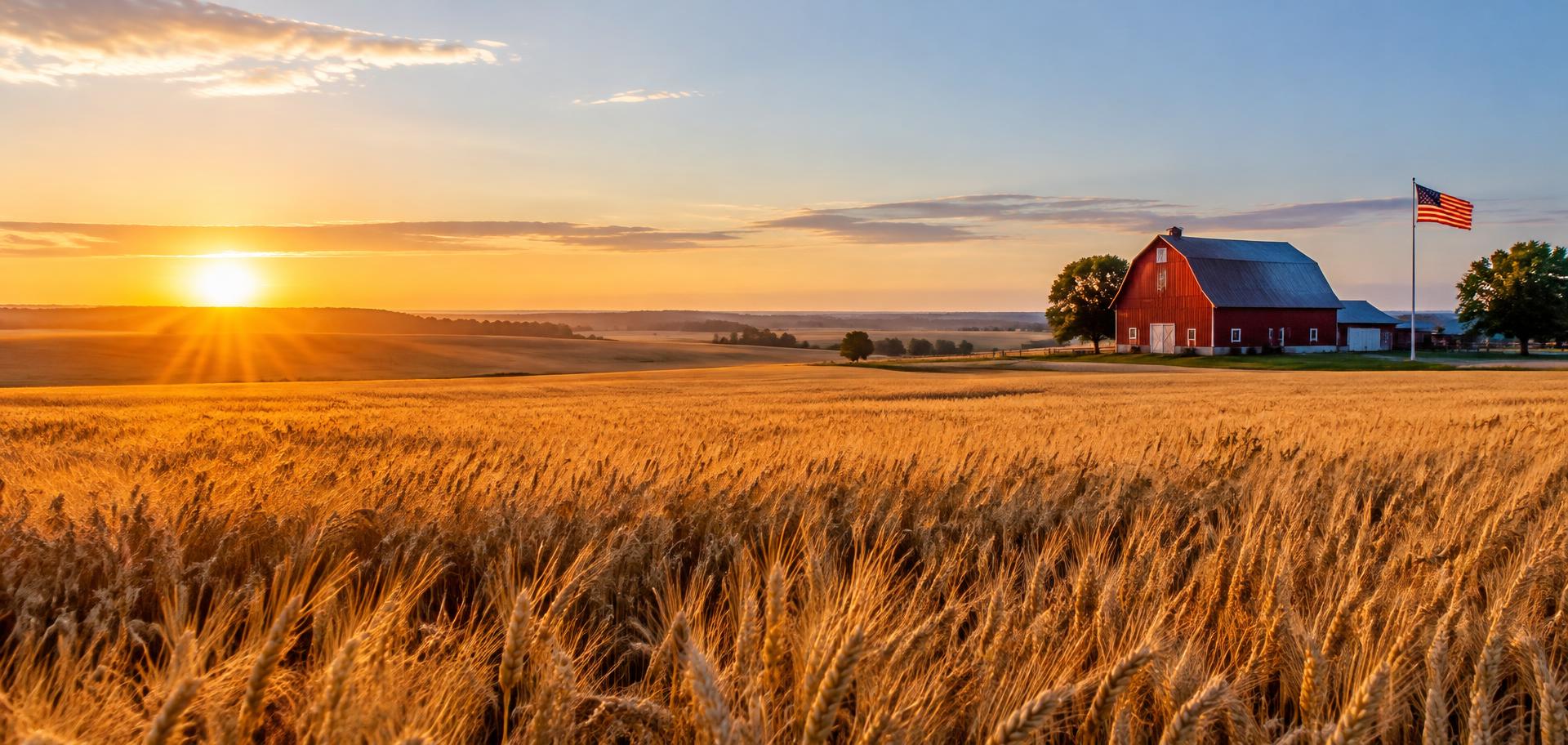 American wheat fields at sunrise with a red barn